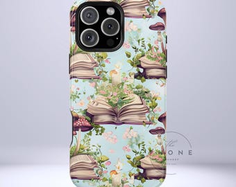 Whimsical Book Garden Tough Phone Case, Gift for Book Lovers, Nature Inspired, Compatible with iPhone 17, 16, 15, 14, 13, Galaxy, Google