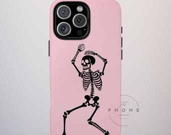Dancing Skeleton Tough Phone Case, Coquette Halloween, Creepy Pink Style, Compatible with iPhone, Galaxy, and Google