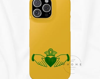 Irish Claddagh Slim Phone Case, Irish Symbol, Gold and Green Design Phone Cover, Compatible with iPhone, Galaxy, Google
