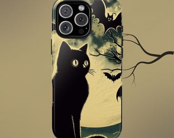 Funda resistente para teléfono con diseño de gato negro, murciélagos, luna llena y Halloween, compatible con iPhone, Galaxy y Pixel. Regalo espeluznante con aires góticos.