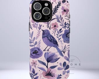 Floral Bird Tough Phone Case, Gift for Bird Lovers, Spring Vibes, Nature-Inspired, Compatible with iPhone 17, 16, 15, 14, 13, Galaxy, Google