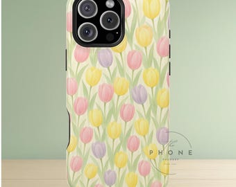 Whimsical Tulips Magnetic Phone Case, Pastel Floral Print, Soft Cottagecore, Compatible with iPhone 17, 16, 15, 14, 13