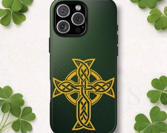 Celtic Cross Tough Phone Case, Irish Knot Symbol, Emerald Gold Cover, Compatible with iPhone 17 16 15 14 13 Galaxy Google