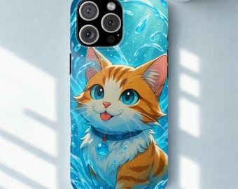 May include: A blue phone case featuring a cartoon cat with orange and white fur, blue eyes, and a blue collar with a charm. The background is a blue water design. The phone case has a triple-lens camera.