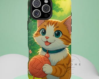 Playful Anime Cat Tough Phone Case, Kawaii Yarn Ball Cat Gift, Cottagecore, Compatible with iPhone, Galaxy, Google