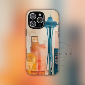 Cityscape Tough Phone Case, Seattle Skyline Phone Cover, Watercolor Art Design, Compatible with iPhone, Galaxy & Google