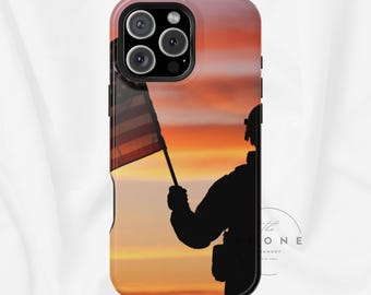 Sunset Soldier Veteran Flag Magnetic Phone Case, American Grunge USA, Compatible with iPhone 17, 16, 15, 14, 13