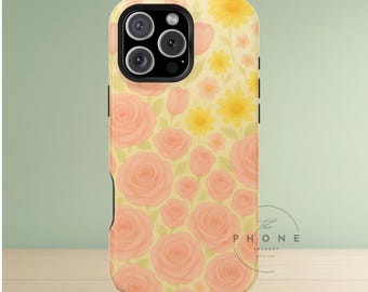 Capa magnética para celular com estampa de rosas delicadas, flores silvestres em tons pastel, design floral suave, compatível com iPhone 17, 16, 15, 14 e 13.