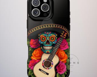 Day of the Dead Día de los Muertos Tough Phone Case, Folk Halloween Floral Skull Design, Compatible with iPhone, Galaxy, Pixel