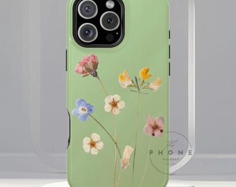 Cottagecore Wildflower Magnetic Phone Case, Moss Green, Hand Drawn Floral Art Design Vintage Compatible with iPhone 17, 16, 15, 14, 13