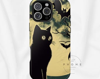 May include: Black phone case featuring a Halloween-themed illustration. The design includes a black cat with glowing eyes, bats, and a spooky tree silhouette against a yellow and green background. The phone case has a glossy finish.