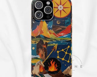 May include: A phone case with a colorful collage design. The case features a landscape with mountains, a compass, a horse, and a campfire. The color palette includes blues, yellows, oranges, and browns.