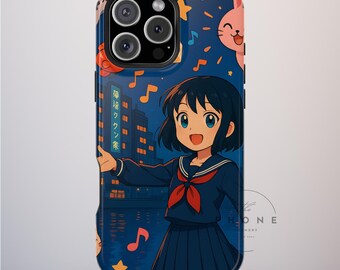Kawaii Anime Girl Tough Phone Case, Retro Japanese School Girl, Compatible with iPhone, Galaxy, Pixel, Slice of Life Style
