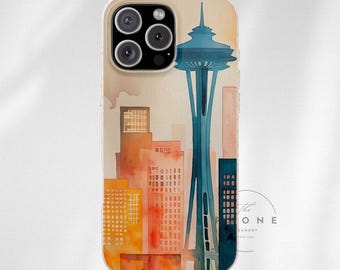 Cityscape Biodegradable Phone Case, Seattle Skyline Phone Cover, Watercolor Art Design, Compatible with iPhone 16, 15, 14, 13, 12, 11