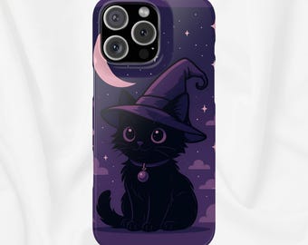 Witchy Black Cat Slim Phone Case - Pastel Goth Halloween Aesthetic, Magical Night Sky Design, Compatible with iPhone, Galaxy, Google