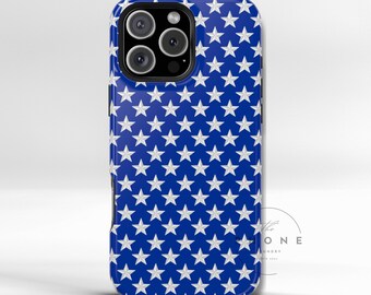 Funda resistente para teléfono con bandera estadounidense y estrellas, diseño patriótico de estrellas azules, compatible con iPhone, Google y Galaxy.