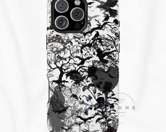 Gothic Halloween Magnetic Phone Case, Bats Raven Butterfly Dark Floral Design, Goth Fairycore, Compatible with iPhone 17, 16, 15, 14, 13
