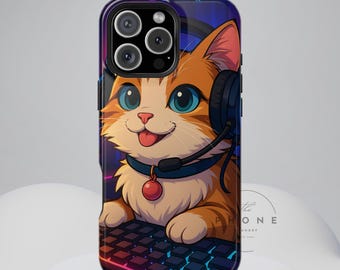Gamer Cat Tough Phone Case - Cozy Anime Gaming Gift, RGB Streamer, Compatible with iPhone, Galaxy, Google