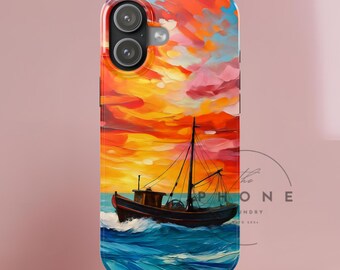 Ocean Art Scenery Slim Phone Case, Oil Painting Style Nautical Sunset Compatible with iPhone 17, 16, 15, 14, 13