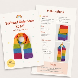 May include: A colorful knitting pattern for a striped rainbow scarf. The pattern includes instructions, materials, and abbreviations. The scarf is displayed in a vibrant array of colors, including red, orange, yellow, green, blue, and purple. The text "PDF Download" is visible.