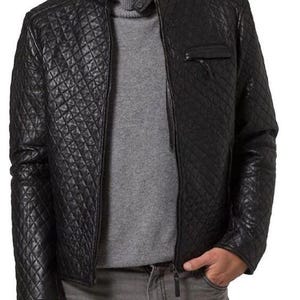 Quilted Leather Jacket, Leather Biker Bomber Jacket, Black Leather Jacket, Gift for Him, Casual Jacket, Winter Jacket, Quilted Jacket.
