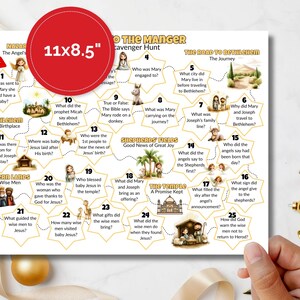 May include: A Christmas scavenger hunt game printed on an A4 sheet (approx. 21x29.7 cm). The game features illustrations and questions about the Nativity story, with a red circle in the center. Designed for festive fun and education.