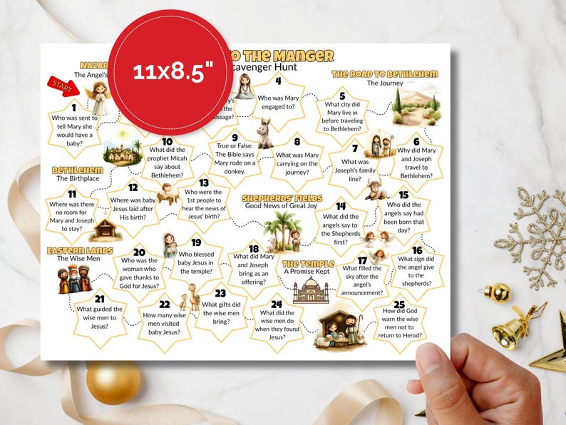 May include: A Christmas scavenger hunt game printed on an A4 sheet (approx. 21x29.7 cm). The game features illustrations and questions about the Nativity story, with a red circle in the center. Designed for festive fun and education.