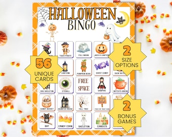 Halloween Bingo Game, 56 Printable Halloween Bingo Cards, Kids Halloween Party Game, Halloween Games for Kids, Halloween Classroom Activity