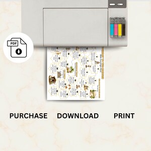 May include: A printer is shown printing a game board with a scavenger hunt theme. The game board has a star-shaped design with illustrations and text. The words "PURCHASE", "DOWNLOAD", and "PRINT" are visible.