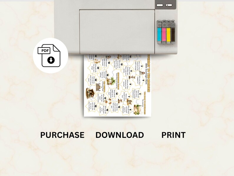 May include: A printer is shown printing a game board with a scavenger hunt theme. The game board has a star-shaped design with illustrations and text. The words "PURCHASE", "DOWNLOAD", and "PRINT" are visible.