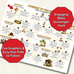 May include: A white paper game board titled "Journey to the M Bible Scavenger Hunt" with colourful illustrations and text. The game includes questions about the Bible and features the text "Engaging Bible Scavenger Hunt" and "Fun Graphics & Easy Star Path to Follow."