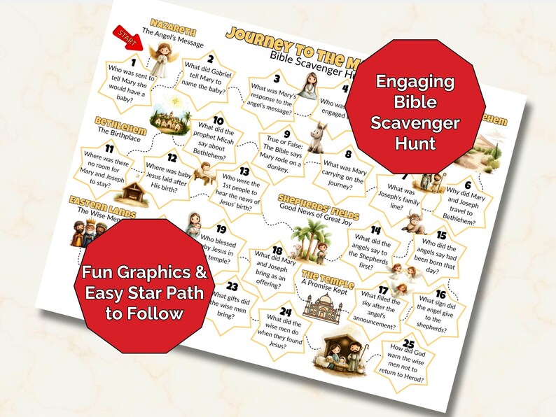 May include: A white paper game board titled "Journey to the M Bible Scavenger Hunt" with colourful illustrations and text. The game includes questions about the Bible and features the text "Engaging Bible Scavenger Hunt" and "Fun Graphics & Easy Star Path to Follow."