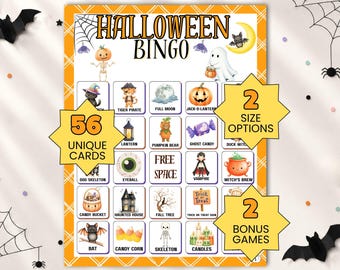 Halloween Bingo Game, 56 Printable Halloween Bingo Cards, Kids Halloween Party Game, Halloween Games for Kids, Halloween Classroom Activity