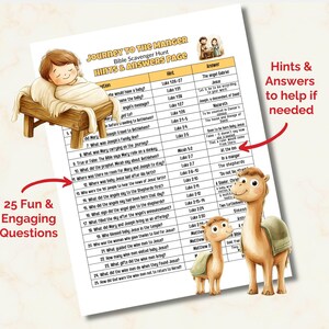 May include: A printable Bible scavenger hunt titled "Journey to the Manger" with 25 questions and answers. The image features illustrations of a baby in a manger, a camel, and a baby camel. Text on the page reads "Hints & Answers to help if needed."