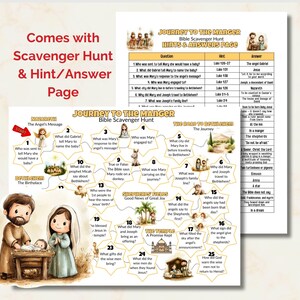 May include: A Bible-themed scavenger hunt game featuring a Nativity scene illustration. The game includes a question and answer page, with the text "Journey to the Manger". The game is designed for educational or religious purposes, with questions and answers.