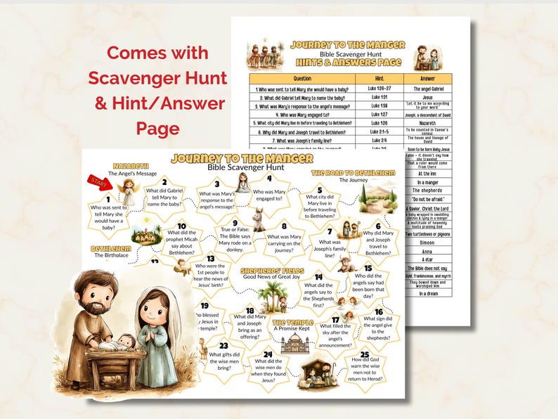 May include: A Bible-themed scavenger hunt game featuring a Nativity scene illustration. The game includes a question and answer page, with the text "Journey to the Manger". The game is designed for educational or religious purposes, with questions and answers.