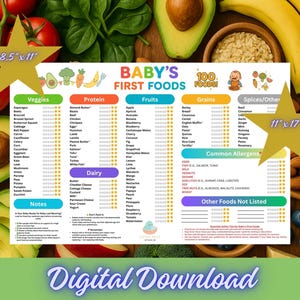 May include: A colorful chart titled "Baby's First Foods" with lists of vegetables, protein, fruits, grains, and spices. The chart is surrounded by fresh produce, including tomatoes, avocados, and bananas. The chart measures 8.5" x 11" and 11" x 17".