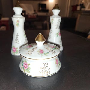 Charming Mid-Century Irice Vanity Set | 1950s Hand-Painted Pink Rose Porcelain
