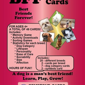 Cartões de jogo de raças de cães imprimíveis BFF, série 2, para crianças de 4 anos ou mais - 20 raças, 6,35 x 8,98 cm. Classificação, memória e combinação de cães.