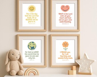 Scripture Wall Art Set of 4 for Children's Room, Nursery Bible Verse Prints Girl Boy, Psalm, Proverbs, Christian Kids Colorful Wall Decor