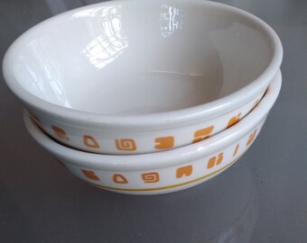 Homer Laughlin Soup Salad Cereal Bowls with Funky Orange Trim, Vintage Best China, White Bowls, Set of Two, Rare Pattern, Ice Cream Bowls