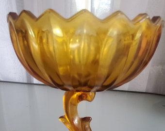 Amber Glass Decorative Bowl with Floral-Inspired Stem, Vintage Home Décor, Glass Fruit Bowl, Large Candle Holder