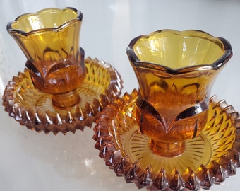 Amber Tulip Candle Holders with Decorative Base, Set of 2, Vintage Glassware, Heavy Duty Stunning Glassware