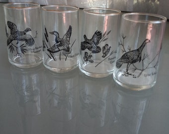 Game Bird Short Glasses with Gold Trim, Set of Four, Vintage Glassware, Bobwhite Quail, Wild Turkey, Black Ducks, Ring-Necked Pheasant