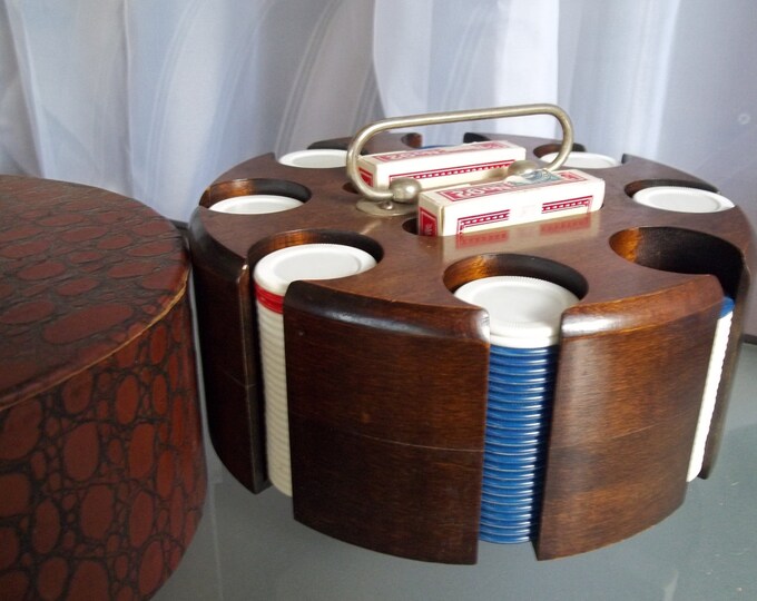 Vintage Poker Chip Caddy Include Chips, Souvenir Cards From Harold's