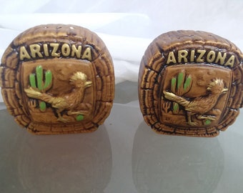 Arizona Souvenir Salt and Paper Shakers, Made in Japan, Roadrunner, Vintage Kitchen, Kitschy Kitchen, Ceramic, Wood Design, Cactus, Funky