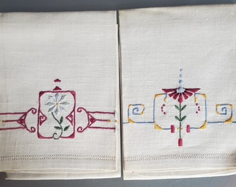 Hand Embroidered Dish Towels with Funky Floral and Geometric Design, Vintage Linen, White Linen with Maroon, Green, Grey, Yellow, Set of 2
