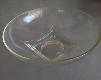 Mid Century Glass Fruit Bowl, Serving Bowl, Vintage Serving, Clear Glass Decorative Bowl with Square Base