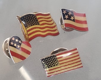 Patriotic Flag Pins, Vintage Jewelry, Red White and Blue, America, Assorted Lapel Pins, Set of Four Pins