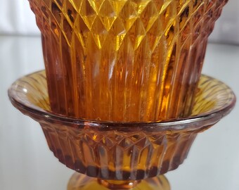 Amber Glass Candle Holder for Large Candle, Vintage Home Décor, Stunning Cut Amber Glassware, 2 Piece Candle Holder